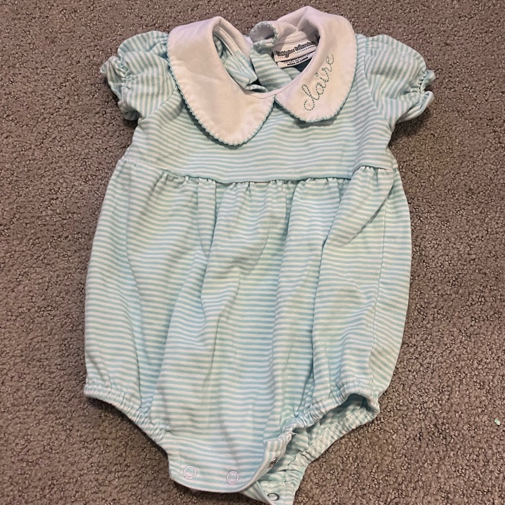Monogrammed “Claire” bubble. 9 month. Peter Pan collar. Bayou Blanks brand.